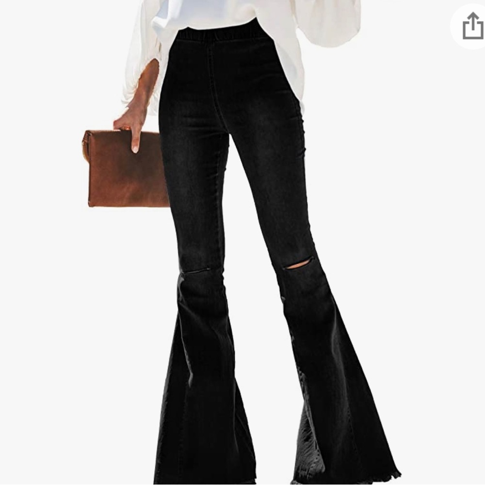 New distressed wide-leg  raw gem elastic waist jeans . Black